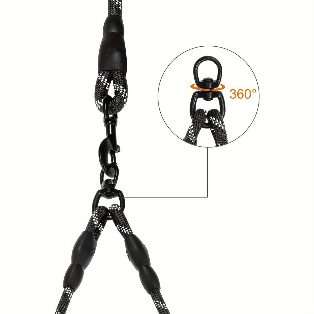Double Dog Rope Leash with 360-Degree Swivel, Reflective Nylon Lead and Padded Foam Handle for Walking Two Small Dogs or Puppies