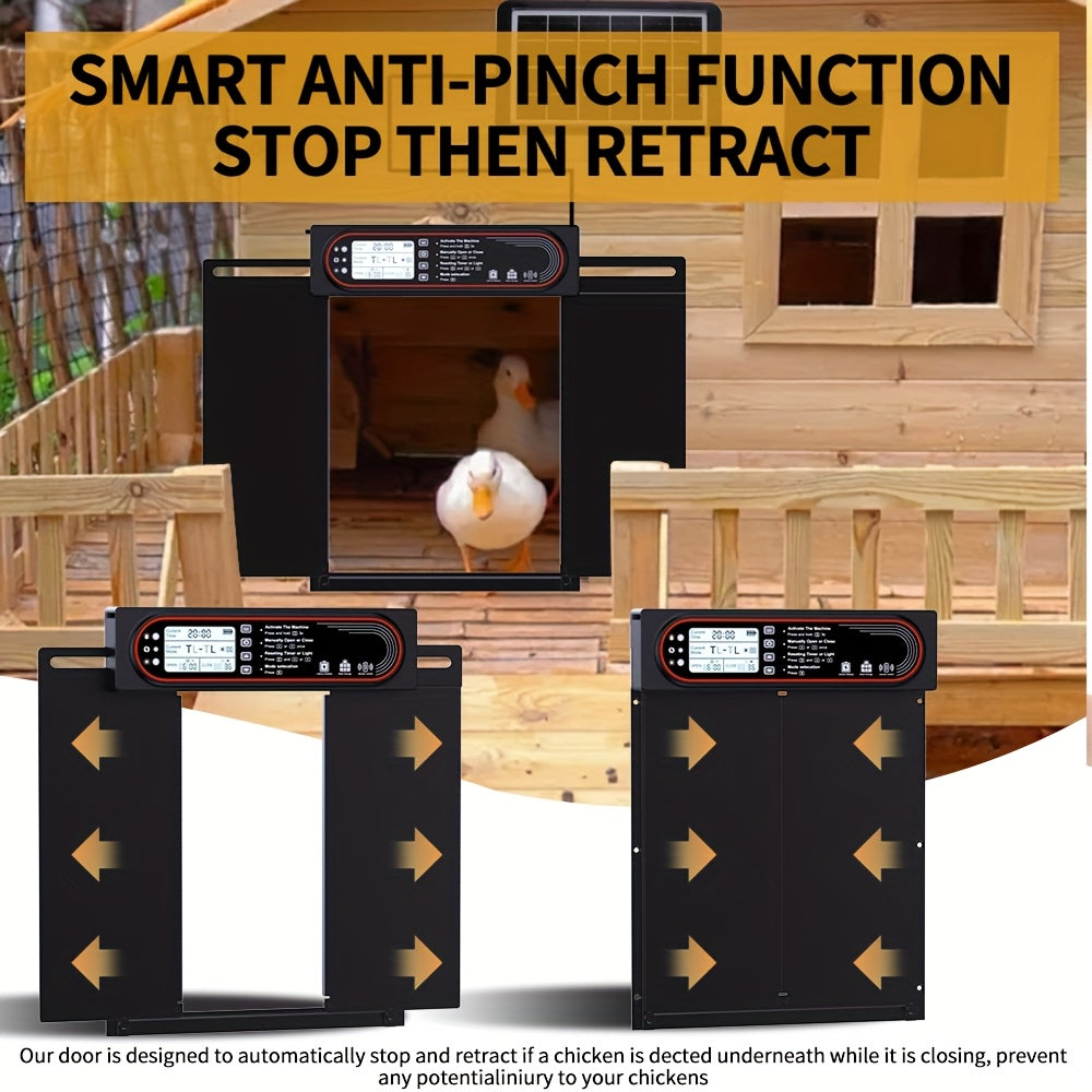 Horizontal Sliding Chicken Coop Door with Dual Opening, Remote and Manual Control, USB Backup and Black Finish for Backyard Poultry Coops