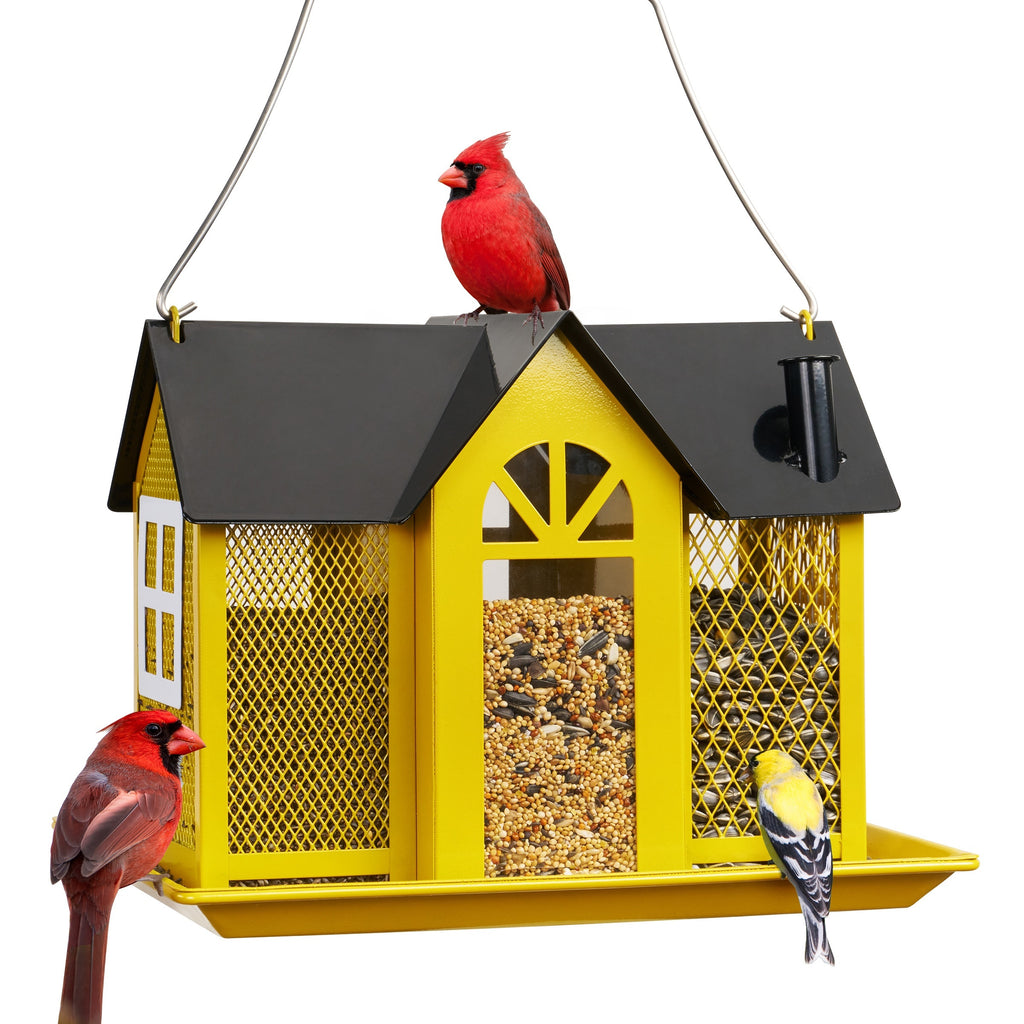 Outdoor Bird Feeder House with Triple Feeding Areas, Metal Mesh Wild Bird Seed Feeder for Finches, Cardinals and Chickadees, Five Color Options