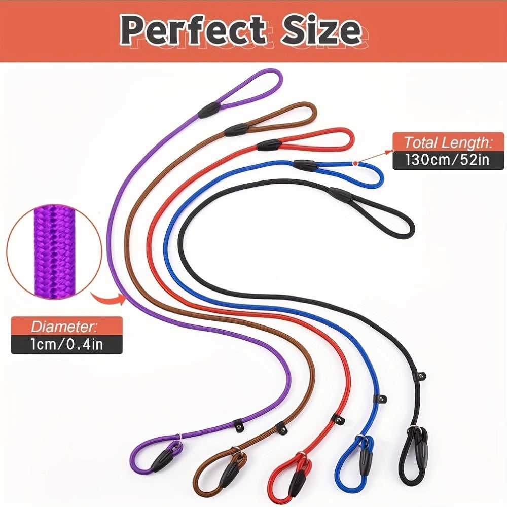 Slip Lead Dog Leash 5-Pack in Mixed Colors, Nylon Rope Leads with Adjustable Neck Loop, Metal Ring and Stopper for Supervised Walking and Training