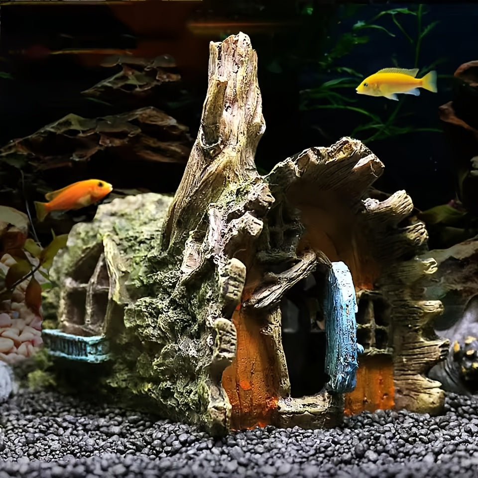 Resin Driftwood Aquarium Ornament, Tan Tree Stump with Hollow Log and Root-Style Cave Hideout for Freshwater and Saltwater Fish Tank Decor, 1 Piece