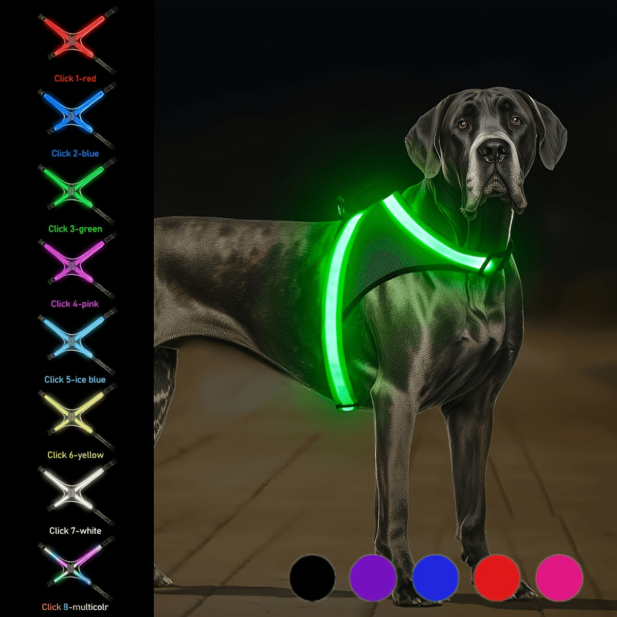 LED Dog Vest with 8 Lighting Modes, Rechargeable Mesh Light Up Walking Vest with Reflective Design and Changeable Color, XS to L