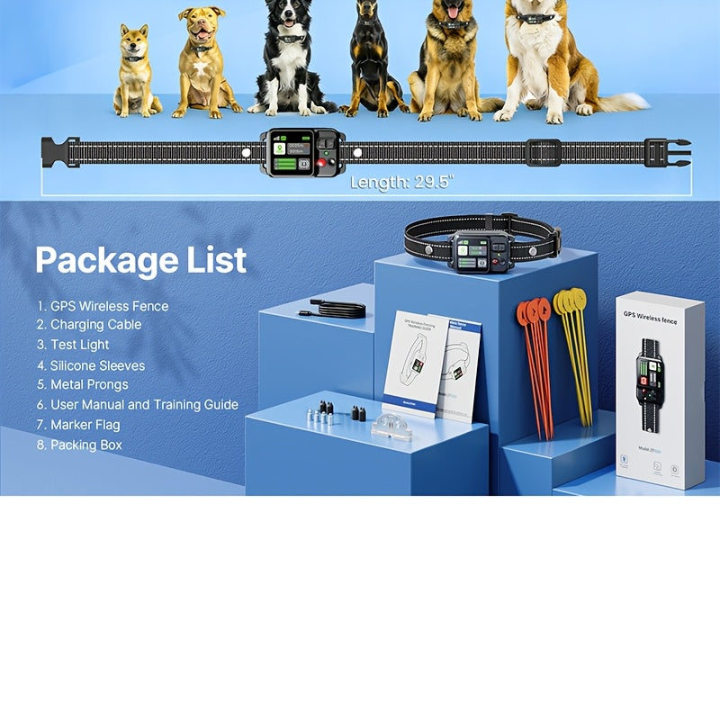 Adjustable GPS Wireless Dog Fence with 49–6561 ft Listed Range, Rechargeable Boundary Training Collar with Beep, Vibration and Static Modes for Outdoor Yards