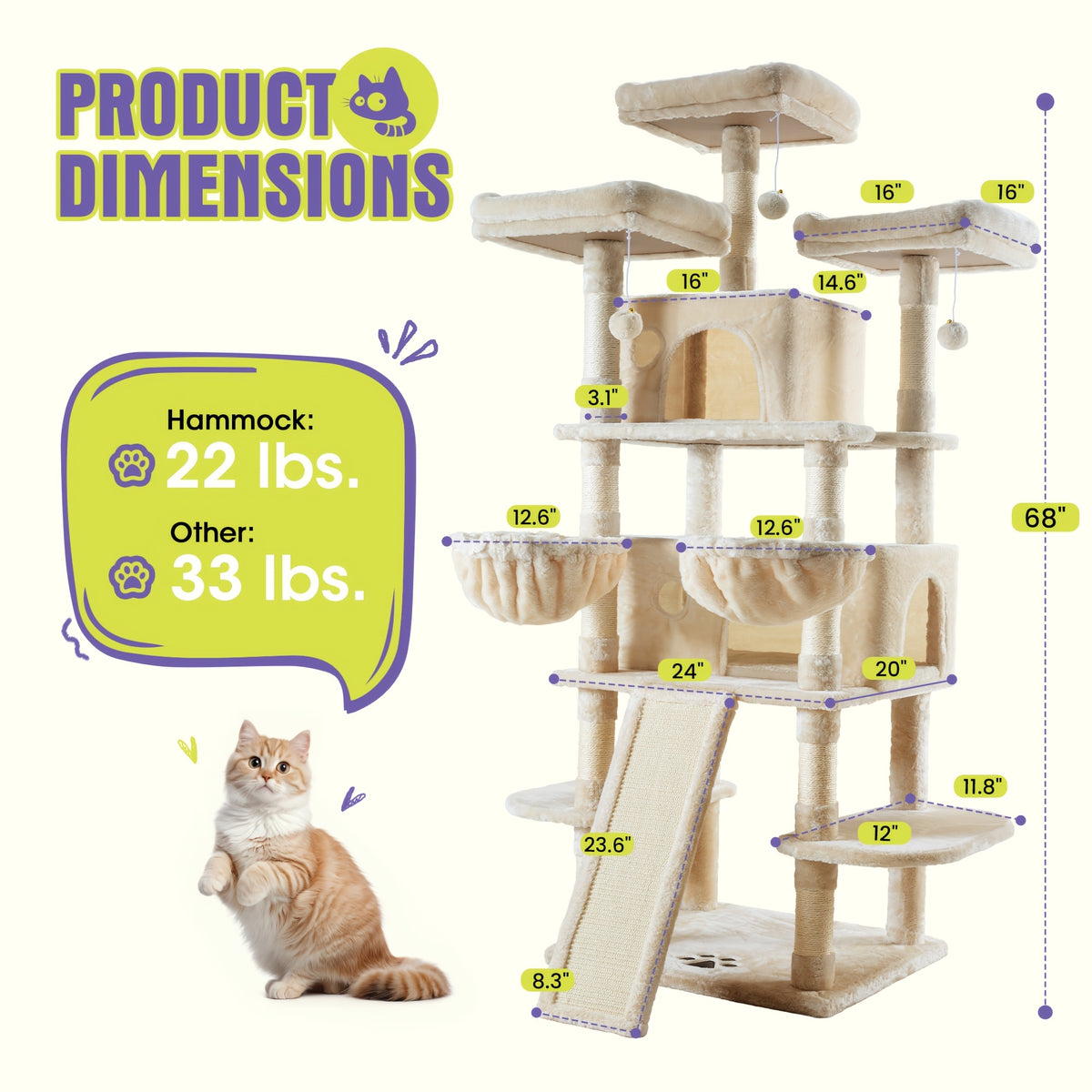 Multi-Size Cat Tree Tower for Indoor Cats, 36 65 68 or 81 Inch Multi-Level Pet Furniture with Sisal Scratching Posts and Plush Resting Areas