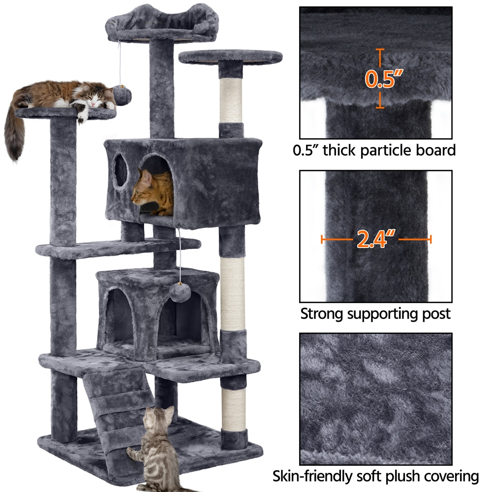 Cat Tree with Twin Hideaways, 54 or 62 Inch Dark Gray Indoor Cat Tower with Two Condos, Three Scratching Posts and Dangling Balls for Play and Rest