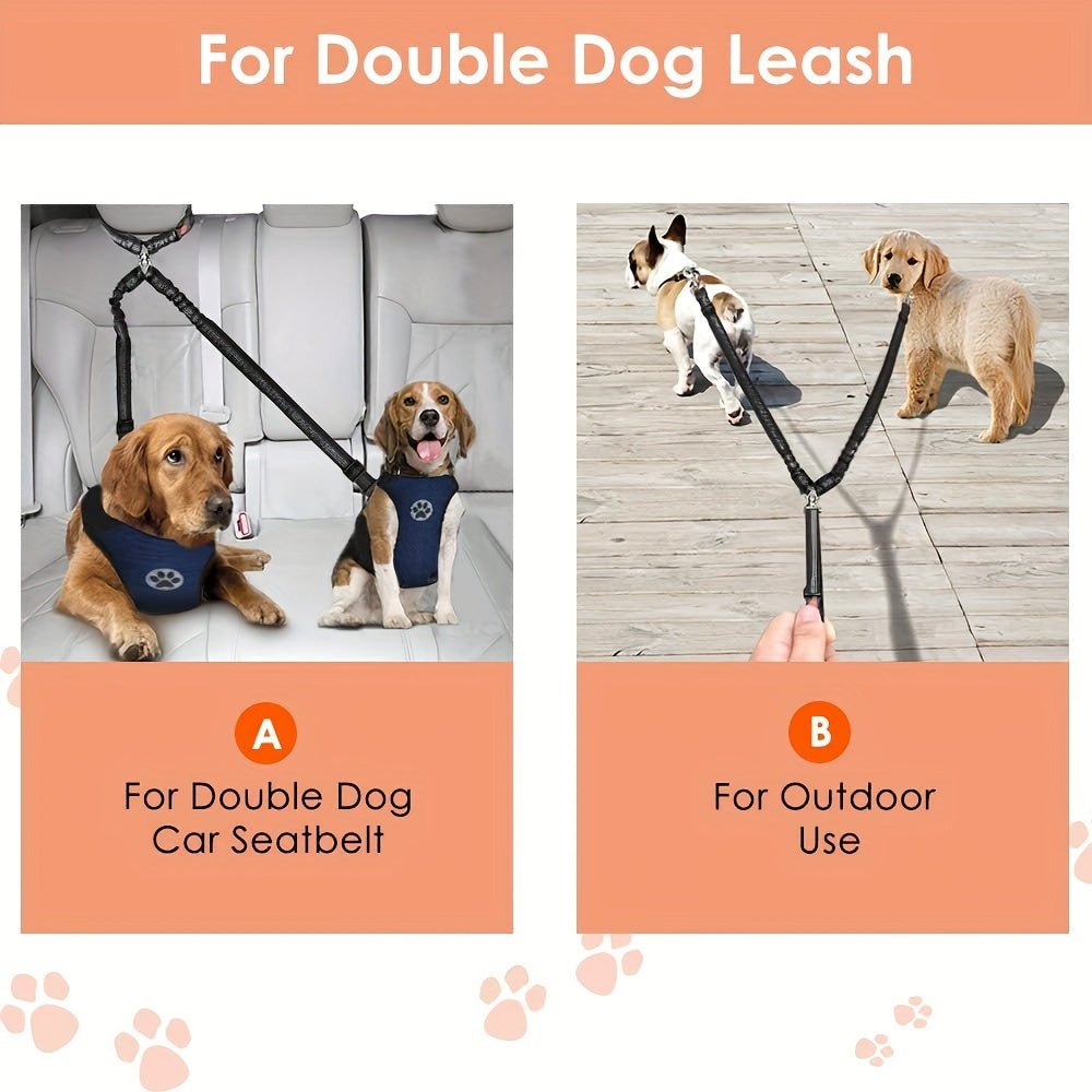 Dual Dog Car Seat Belt with Adjustable Headrest Loop, Two Bungee Tether Straps and Metal Clips for Two-Dog Travel in Red, Rose Red or Black