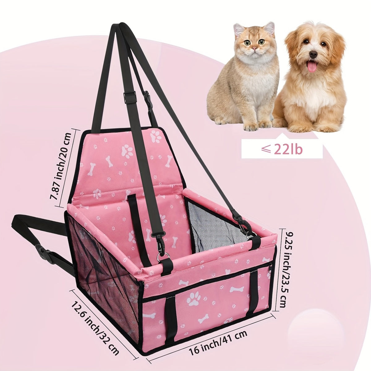Mesh Dog Car Seat for Small Dogs and Cats up to 22 lbs, Foldable Pet Travel Bed with Adjustable Shoulder Strap, Non-Slip Base and Washable Cover