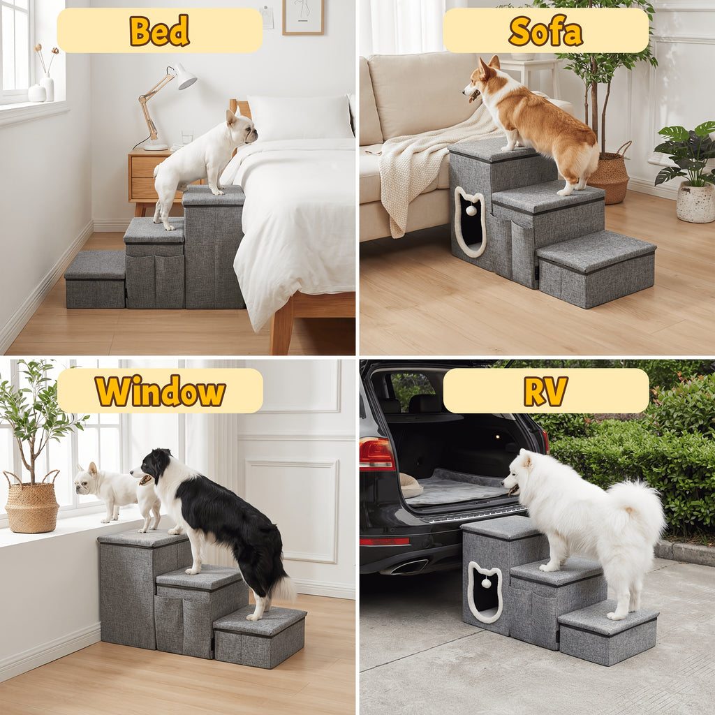 Pet Stairs with Storage for Bed and Sofa, Soft Cushioned Non-Slip Dog and Cat Steps in 2, 3 or 4 Tiers with Side Pocket or Grab Bar Style Options