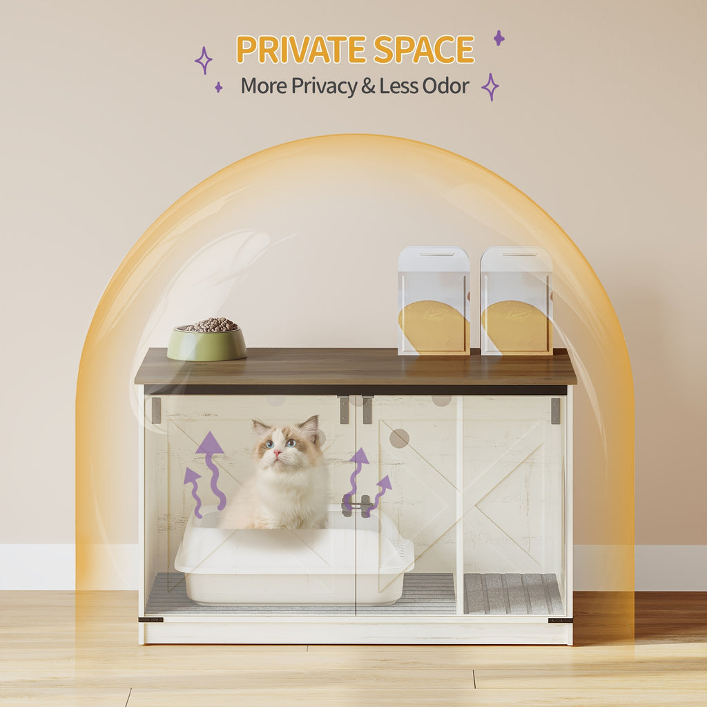 Hidden Litter Box Furniture with Barn Doors, Farmhouse Cat Cabinet with Reversible Entrance, Removable Divider and Ventilation Holes