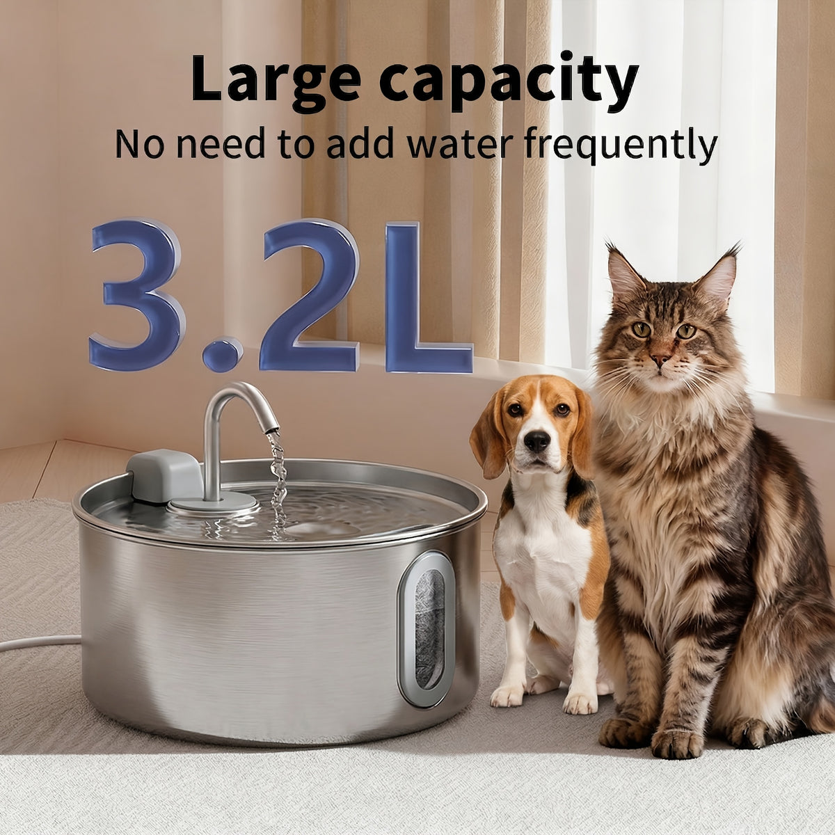 Stainless Steel Pet Water Fountain 3.2L for Cats and Dogs, Quiet 5V Pump with 4-Stage Filtration, Easy-Clean Drinking Dispenser with Filter Bundle Options