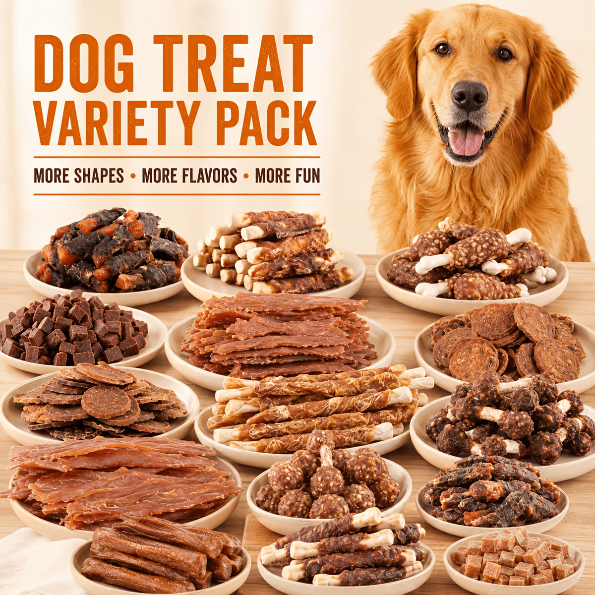 Dog Snack Variety Selection with Chicken Liver, Duck Jerky, Beef Cubes and Sweet Potato Donut Options for Supervised Training Rewards