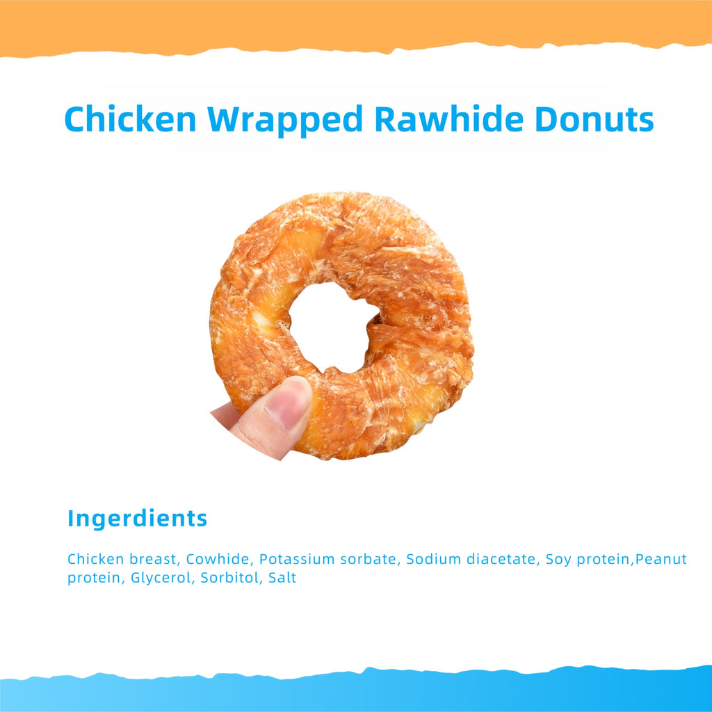 Chicken Wrapped Rawhide Donuts for Dogs, Ring-Shaped Chew Treats for Small and Medium Dogs, 3 oz 2-Pack, 6 oz 4-Pack or 12 oz 8-Pack