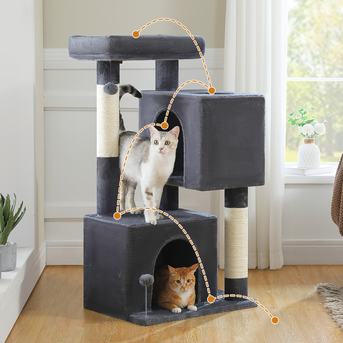 Cat Tree with Two Spacious Condos, 31.5 or 44 Inch Indoor Cat Tower with Washable Top Perch, 3.4 Inch Thick Scratching Posts and Two Play Toys