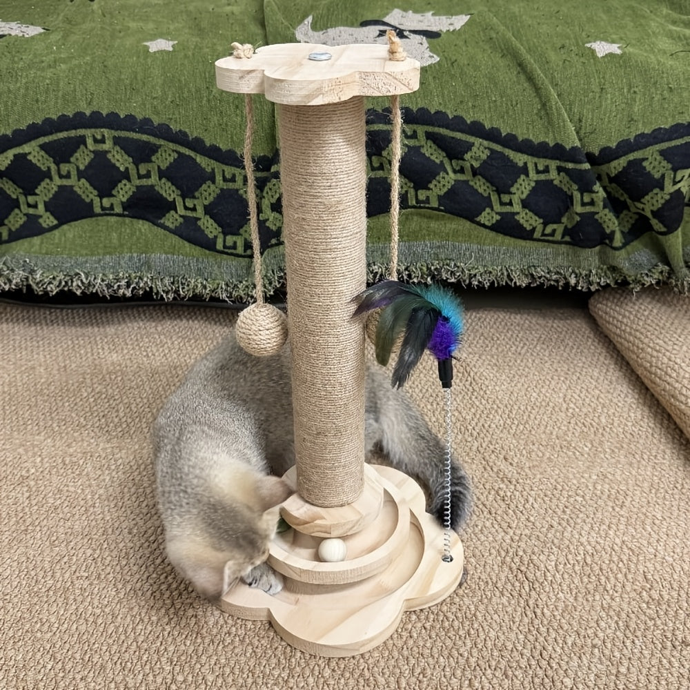 Cat Scratching Post with Ball Track, 18.1 Inch Sisal Scratcher with Hanging Balls and Feather Toy for Indoor Cats and Kittens, Brown