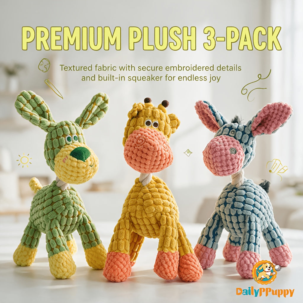 Rope Neck Squeaky Dog Toys 3 Pack, Colorful Plush Animal Play Set with Donkey Design for Small and Medium Dogs, Supervised Gentle Chewing
