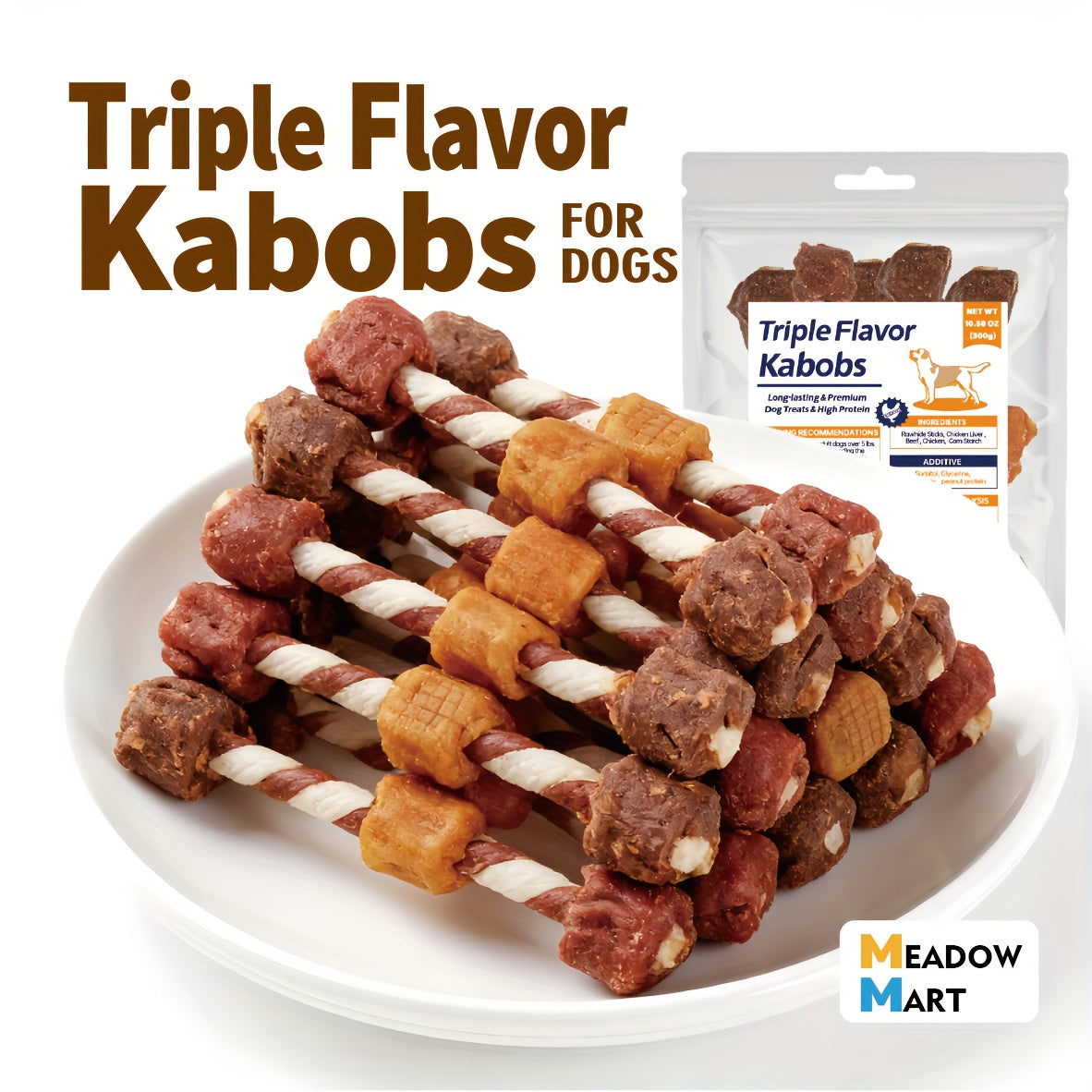 Rawhide Dog Chews with Chicken, Beef & Chicken Liver, Triple Flavor Kabob Treats for Supervised Snack Time, 300g, 600g & 900g Options