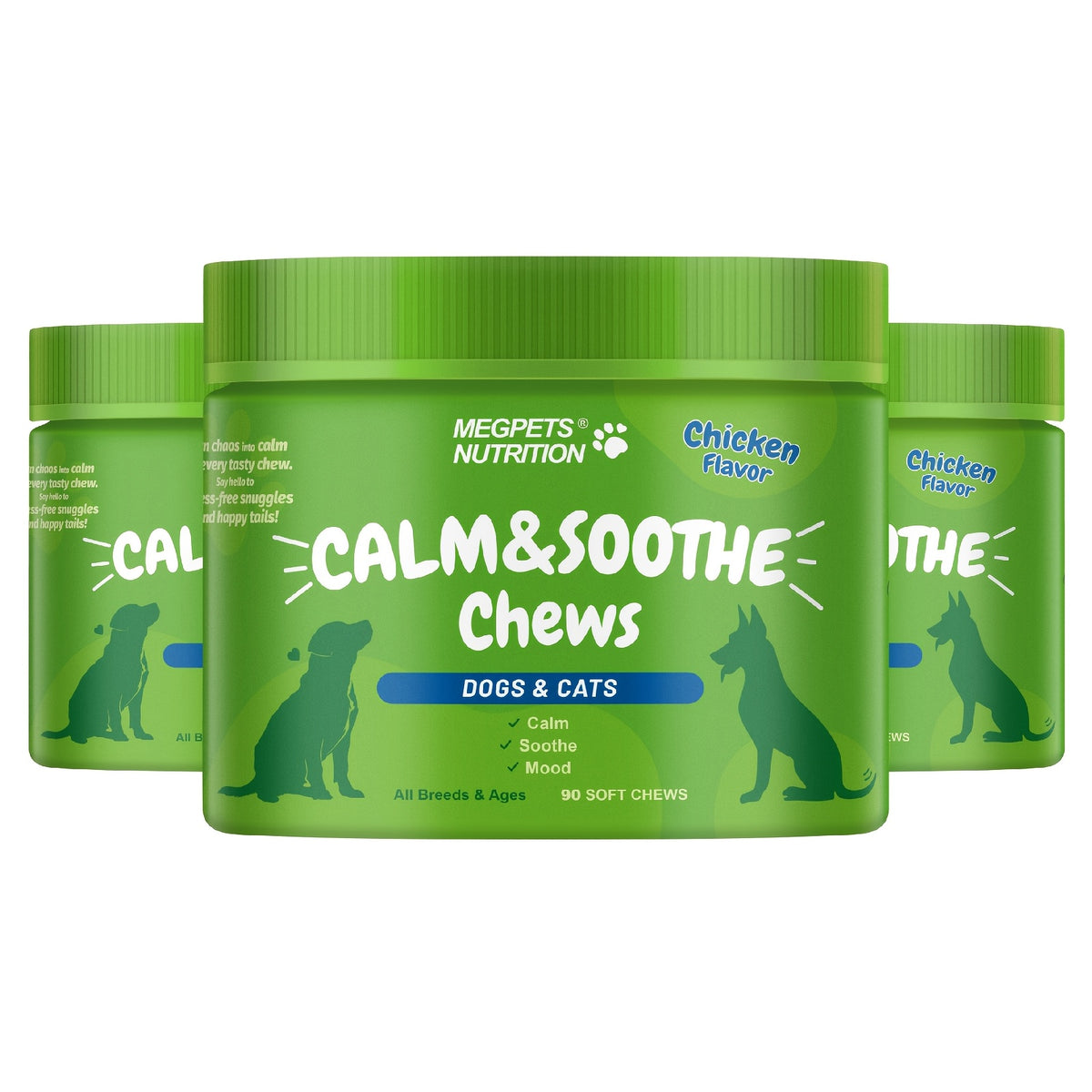 Calming Chews for Dogs and Cats, Chicken Flavor 90 Soft Chews, Bottled Pet Supplement in One, Two or Three Bottle Options for Wellness Routines