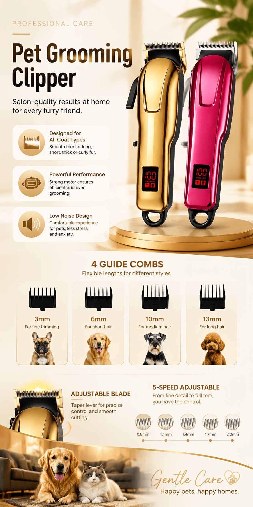 Cordless Pet Hair Clippers with 4 Guide Combs, Rechargeable Low-Noise Dog and Cat Grooming Trimmer with Ergonomic Grip in Golden or Pink