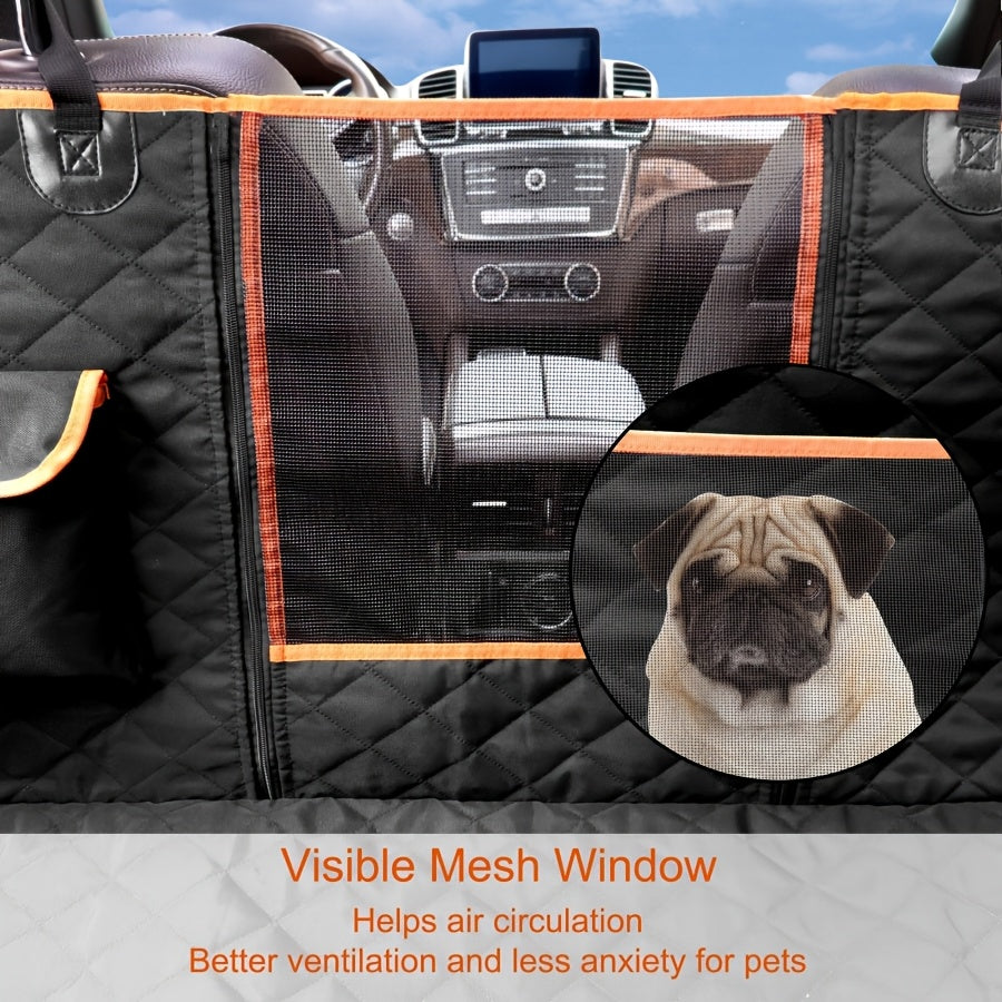Heavy Duty Dog Car Seat Cover with Side Flaps, Non-Slip Nylon Backseat Protector with Orange Edge or Black Mesh Zipper Style for SUVs, Sedans and Trucks