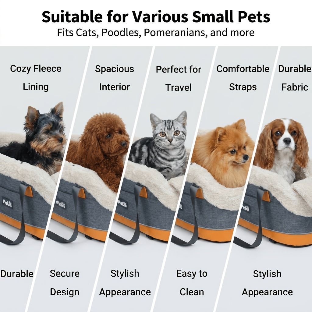 Center Console Dog Car Seat for Small Dogs and Cats up to 10 lbs, Plush-Lined Armrest Pet Travel Bag with Carry Straps, Khaki or Dark Gray
