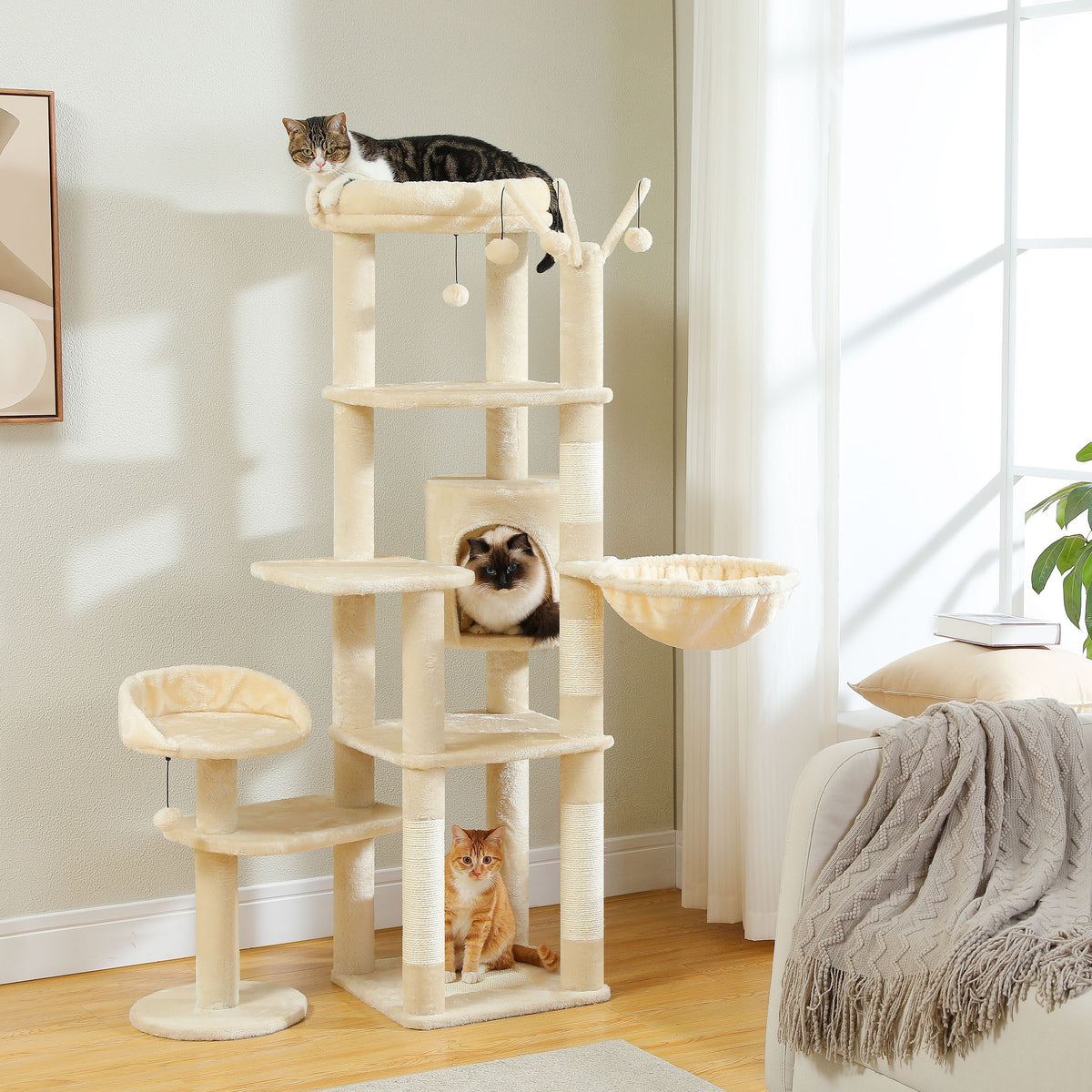 Cat Tree with Twin Perches and Large Hammock, Multi-Level Indoor Cat Tower with Condo Hideaway, Sisal Scratching Posts and Cactus Green Color Option