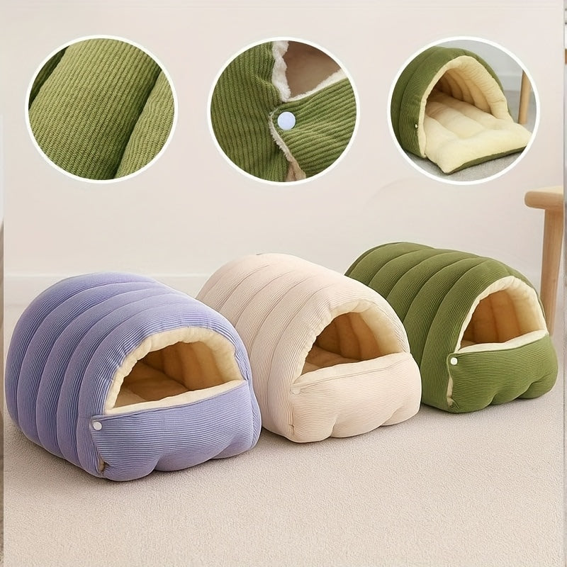 Cat Sleeping Bag Bed with Removable Cushion, Cozy Hooded Cave for Indoor Cats and Small Dogs, Ribbed Winter Hideaway in Beige, Green or Purple