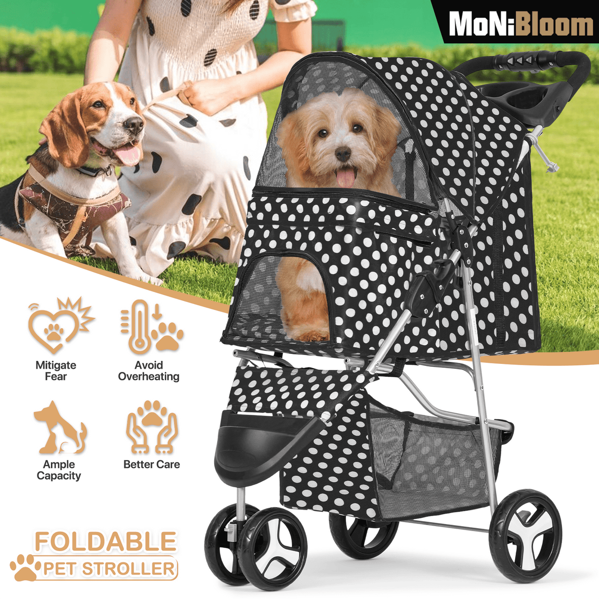 Three-Wheel Dog Stroller with Weather Cover, Foldable Mesh Pet Pushchair for Small Dogs and Cats, Storage Basket, Cup Holder and 10 Style Options