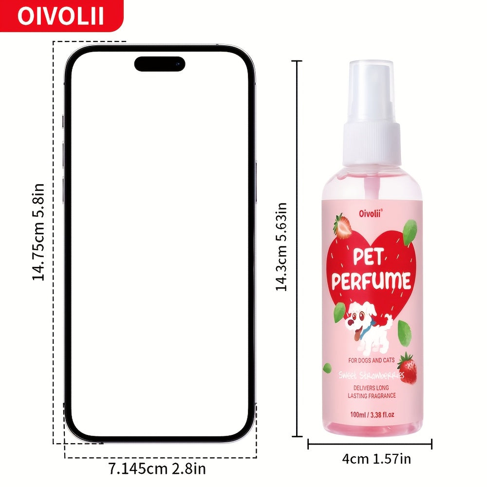 Dog Perfume Spray with Sweet Strawberry Scent, 100ml Pet Cologne and Deodorizing Mist for Label-Directed Coat and Bedding Freshening