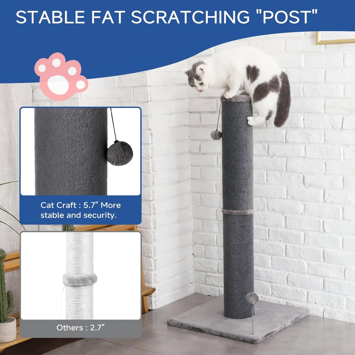Thick Cat Scratching Post for Large Cats, 41.73-Inch Tall Hardwood Scratcher with 5.7-Inch Column, Heavy Base and Replaceable Toy Balls, Gray