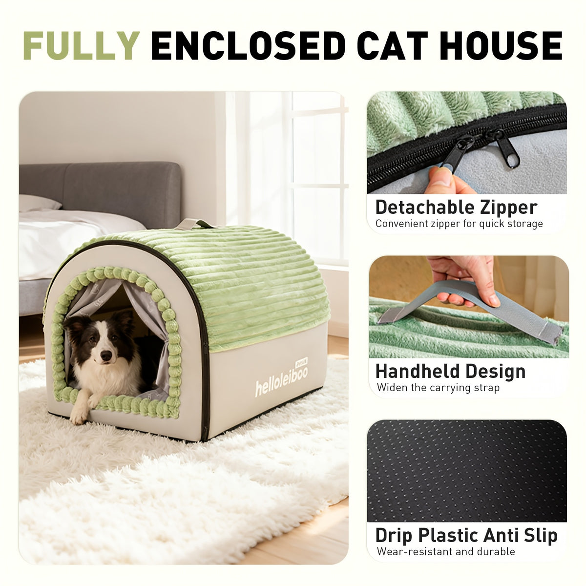 Foldable Indoor Dog House with Lid and Handle, 2-in-1 Brown Pet Tent Cave Bed with Soft Anti-Slip Washable Cushion for Dogs and Cats