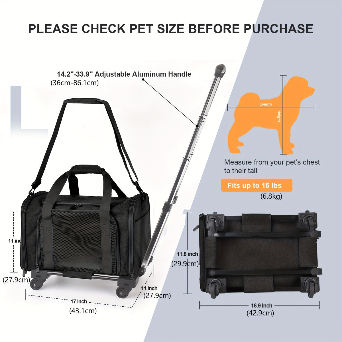 Pet Travel Carrier with Detachable Wheels, Retractable Pull Handle and Breathable Mesh, Soft-Sided Cat and Dog Bag for Vet Visits and Trips