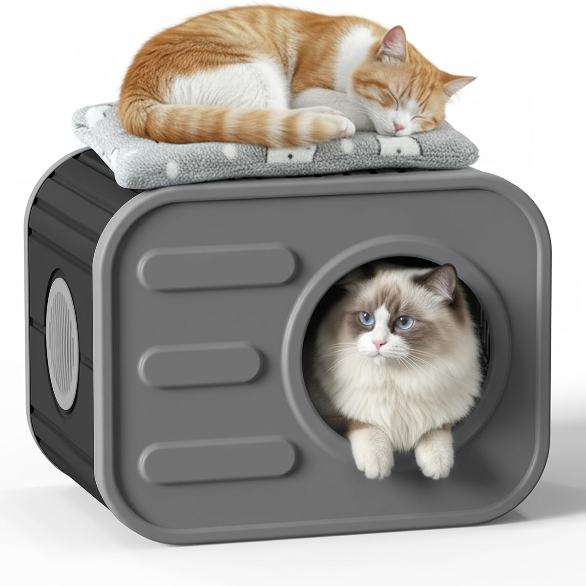 Camera-Shaped Cat House with Side Ventilation, Washable Cat Hideaway in Blue or Black for Indoor and Sheltered Outdoor Use, Optional Cushion