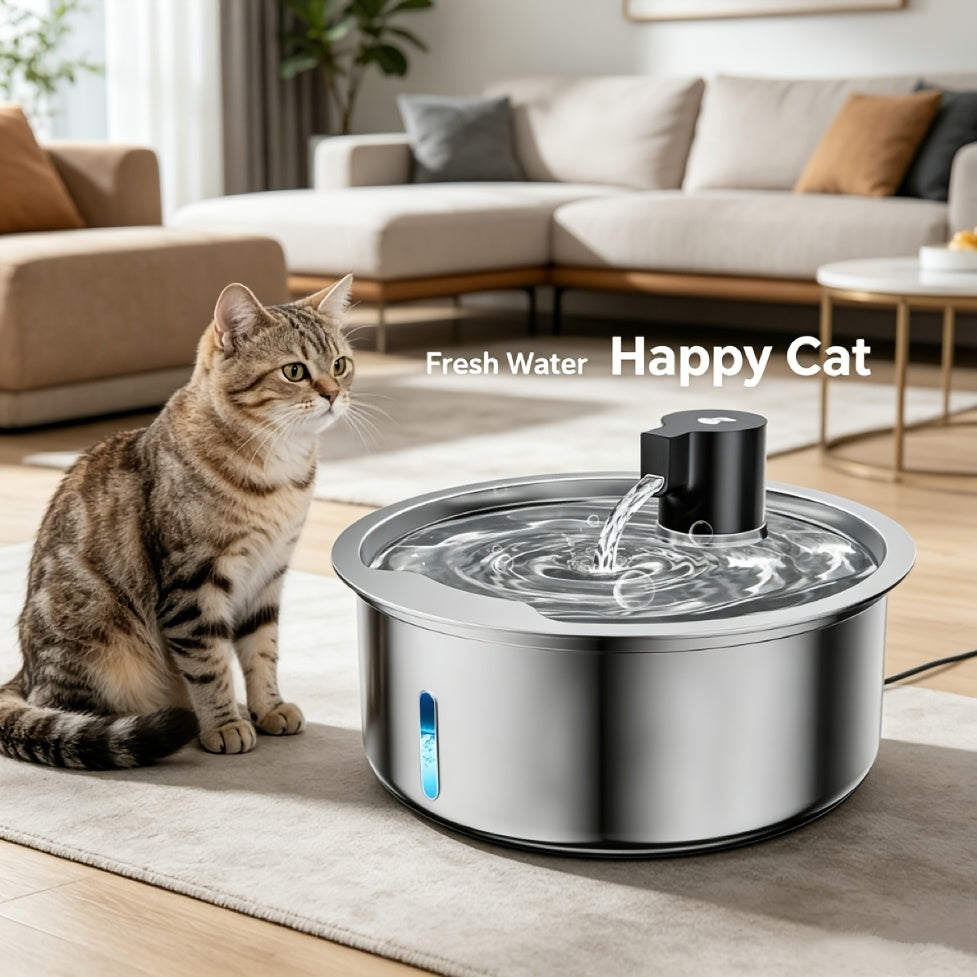 Pet Water Fountain 1.85 Gallon with Filter Bundles, Stainless Steel USB Powered Drinking Dispenser for Cats and Dogs, 5, 8 or 15 Cartridges