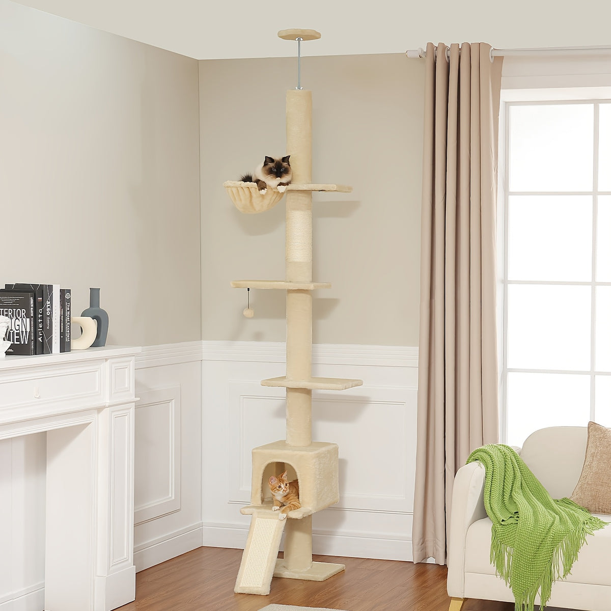 5-Tier Floor to Ceiling Cat Tree, 83–108 Inch Adjustable Indoor Cat Tower with Condo, Hammock, Scratching Post and Ladder in Seven Color Options