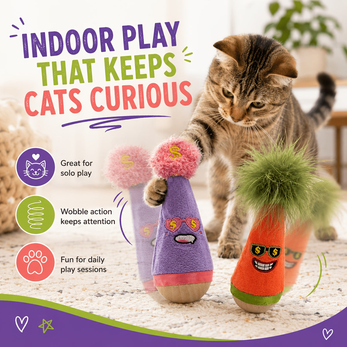Cat Wobble Feather Toy with Cat Mint Powder, Interactive Hunting and Chasing Teaser for Indoor Kittens and Adult Cats, Purple or Red Styles