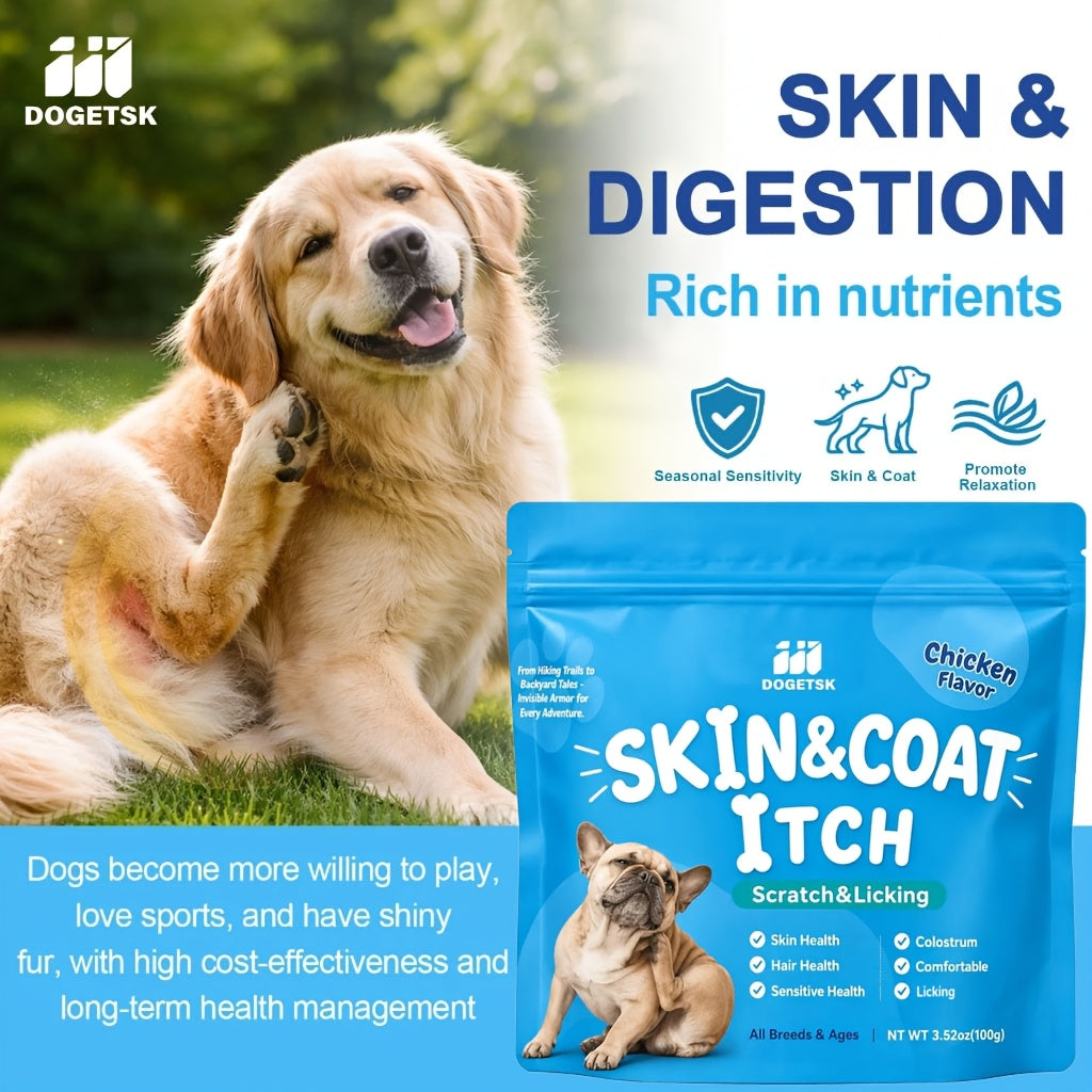 Dog Omega-3 Chew Tablets in Portable Pouches, Chicken Flavor Canine Supplement with Listed Coconut Oil and Brewer's Yeast, 100g or Two-Pack