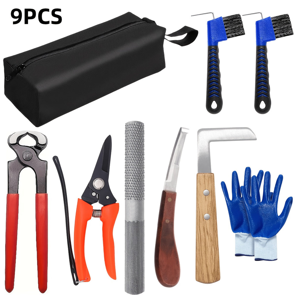 Farrier Tool Kit 9-Piece with Hoof Nippers, Mini Rasp, Hoof File, Knife and Storage Bag for Horse and Goat Hoof Care by Experienced Handlers