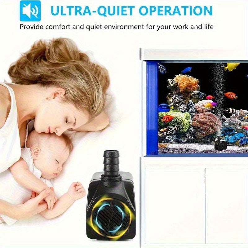 Submersible Aquarium Pump 10W with Adjustable Water Flow, Two Nozzles and Suction Feet, Compact Black Water Pump for Fish Tanks and Fountains