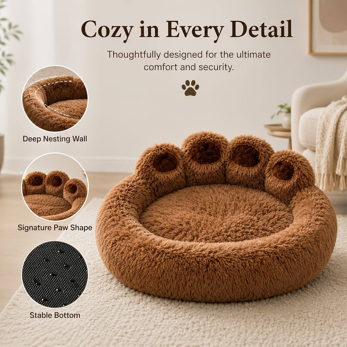 Bear Paw Pet Sofa Bed for Dogs and Cats, Soft Faux Plush Sleeping Nest with Raised Edges in Pink, Grey or Hazelnut, Four Sizes from 55 to 85 cm