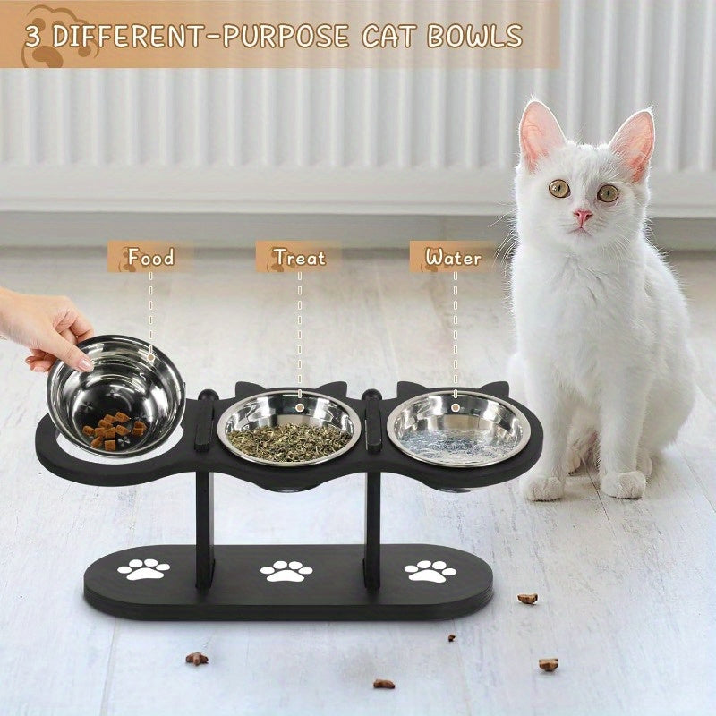 Elevated Cat Bowls with Black Wooden Stand, 15 Degree Tilted Adjustable Feeder with 2 or 3 Stainless Steel Dishes for Cat and Small Dog Food and Water