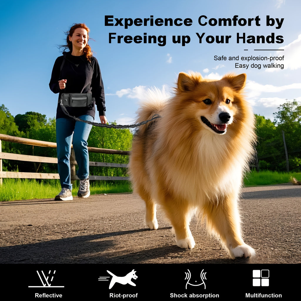 Hands Free Dog Leash for Two Dogs with Multifunctional Pouch, Bungee Lead and Dual Padded Handles for Large Dog Walking, Jogging and Running