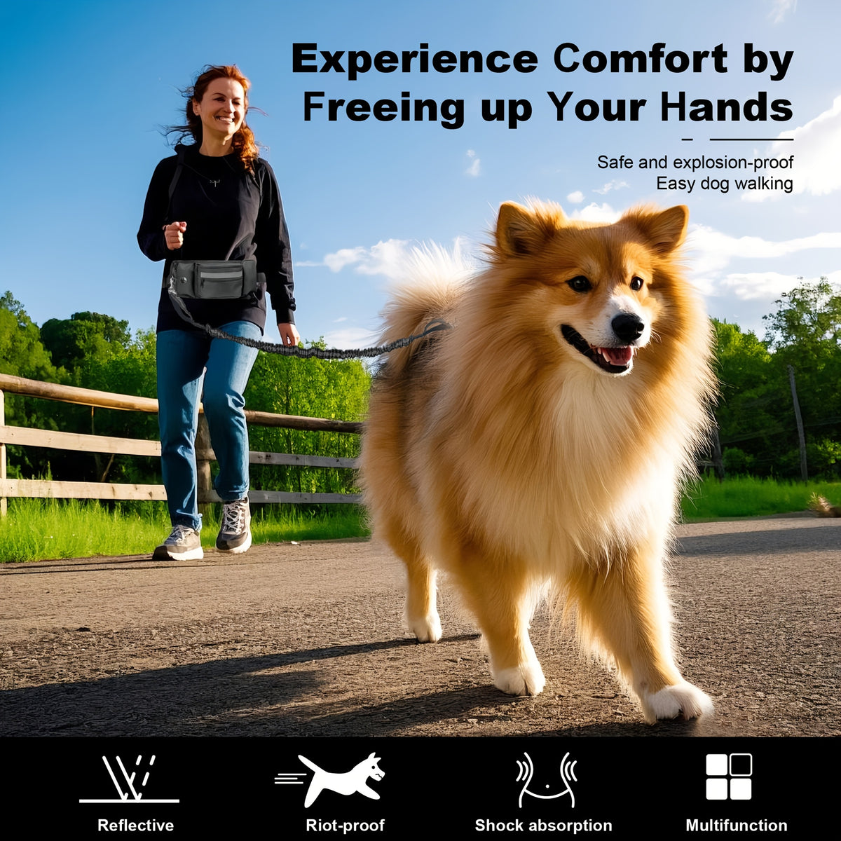 Hands Free Dog Leash for Two Dogs with Multifunctional Pouch, Bungee Lead and Dual Padded Handles for Large Dog Walking, Jogging and Running