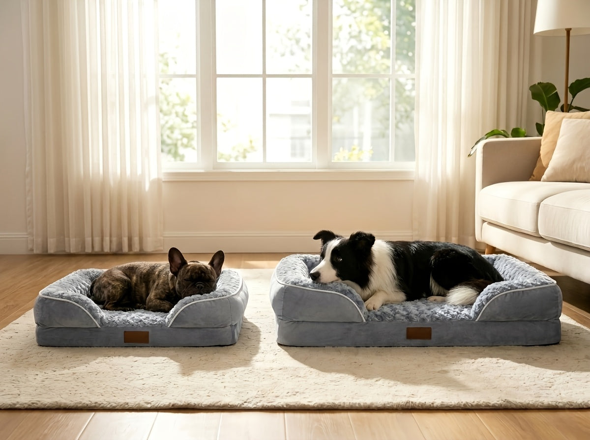 Extra Large Dog Sofa Bed with C-Shaped Bolsters, Removable Washable Plush Cover and Non-Skid Bottom, Grey Pet Couch with 20 to 71 Inch Size Options