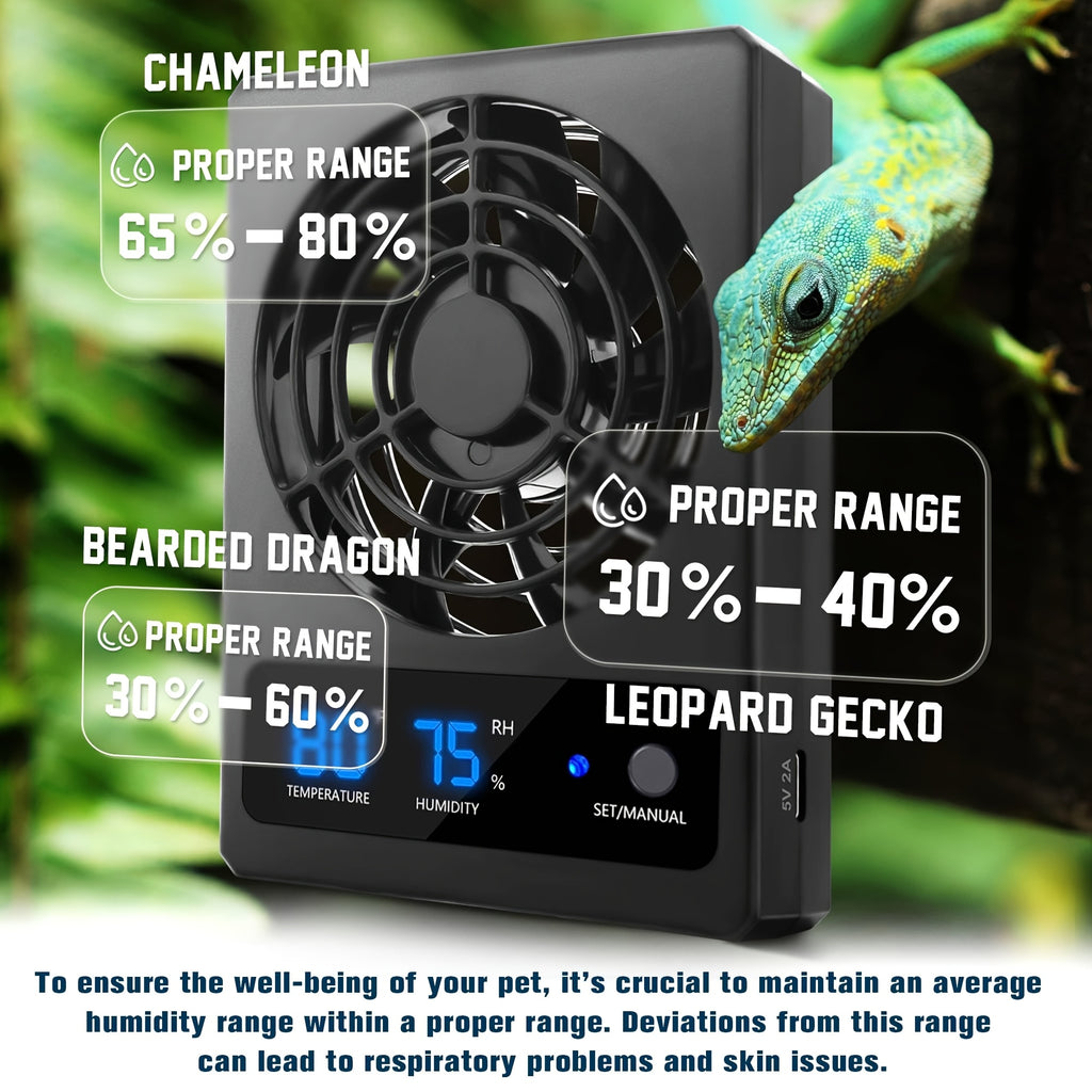 Reptile Climate Controller with Digital Thermometer and Hygrometer, Automatic Dehumidifying Ventilation Fan and High-Temperature Alarm for Terrariums