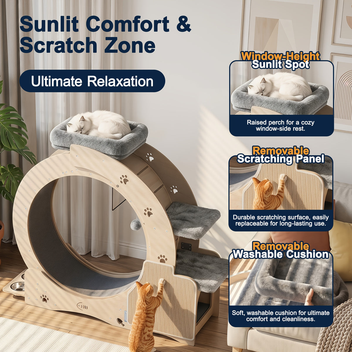 Cat Running Wheel for Indoor Exercise, Quiet Large Cat Treadmill with Stable Base in Wood Color for Daily Activity and Interactive Play