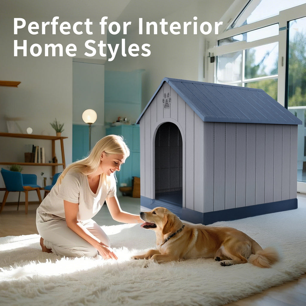 Outdoor Dog House 38 Inch in Blue, Resin Pet Shelter with Peaked Roof, Raised Floor and Decorative Cut-Outs for Indoor and Backyard Use