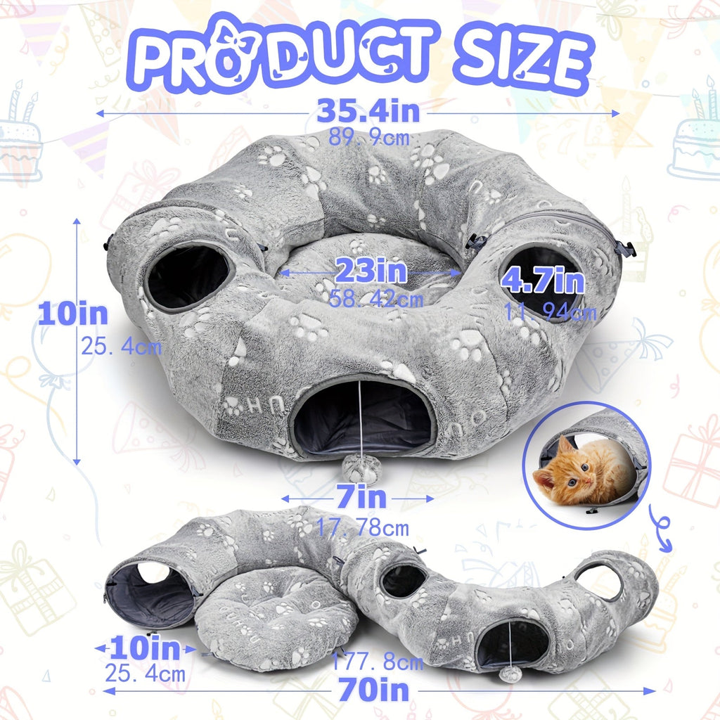 Cat Tunnel Toy Set with Tunnel Bed, Feather Toys, Balls and Fish Toys for Indoor Cats, Interactive Playtime and Cat Birthday Gifts