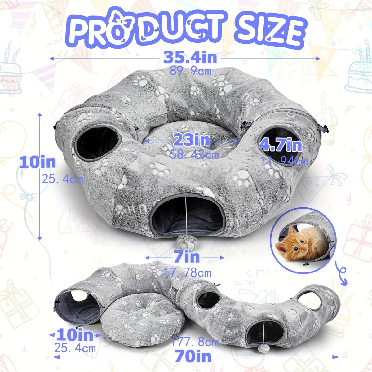Cat Tunnel Toy Set with Tunnel Bed, Feather Toys, Balls and Fish Toys for Indoor Cats, Interactive Playtime and Cat Birthday Gifts