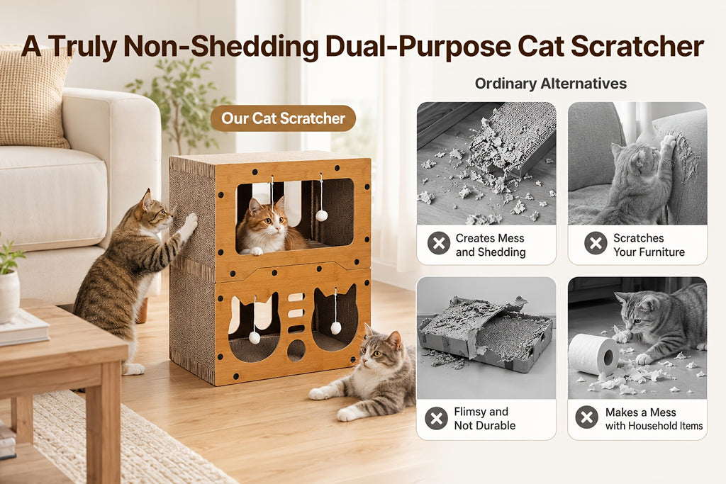 Cardboard Cat House with Scratching Board and Pompom Toy, Indoor Cat Hideout Bed for Scratching and Resting, Single or Double Layer Options