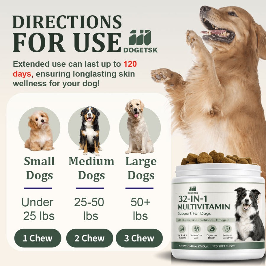 Dog Vitamin Soft Chews, 32-in-1 Daily Supplement with Probiotics and Omega-3, 120 Count for Canine Wellness and Joint Support